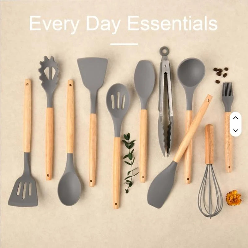 Non-Stick Silicon 12 Pcs Heat Resistant Wooden Handle Kitchen Cooking Utensils Set, Gray Color