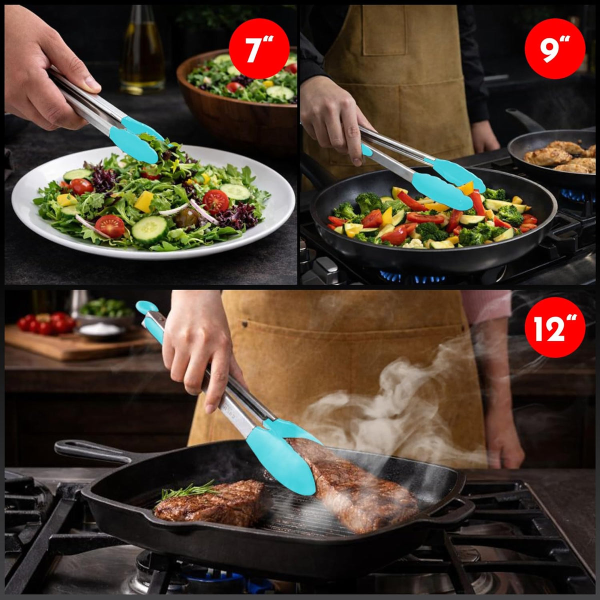 Kitchen Tongs - 12, 9 & 7 Inch Locking Silicone Tongs for Cooking, Set of 3