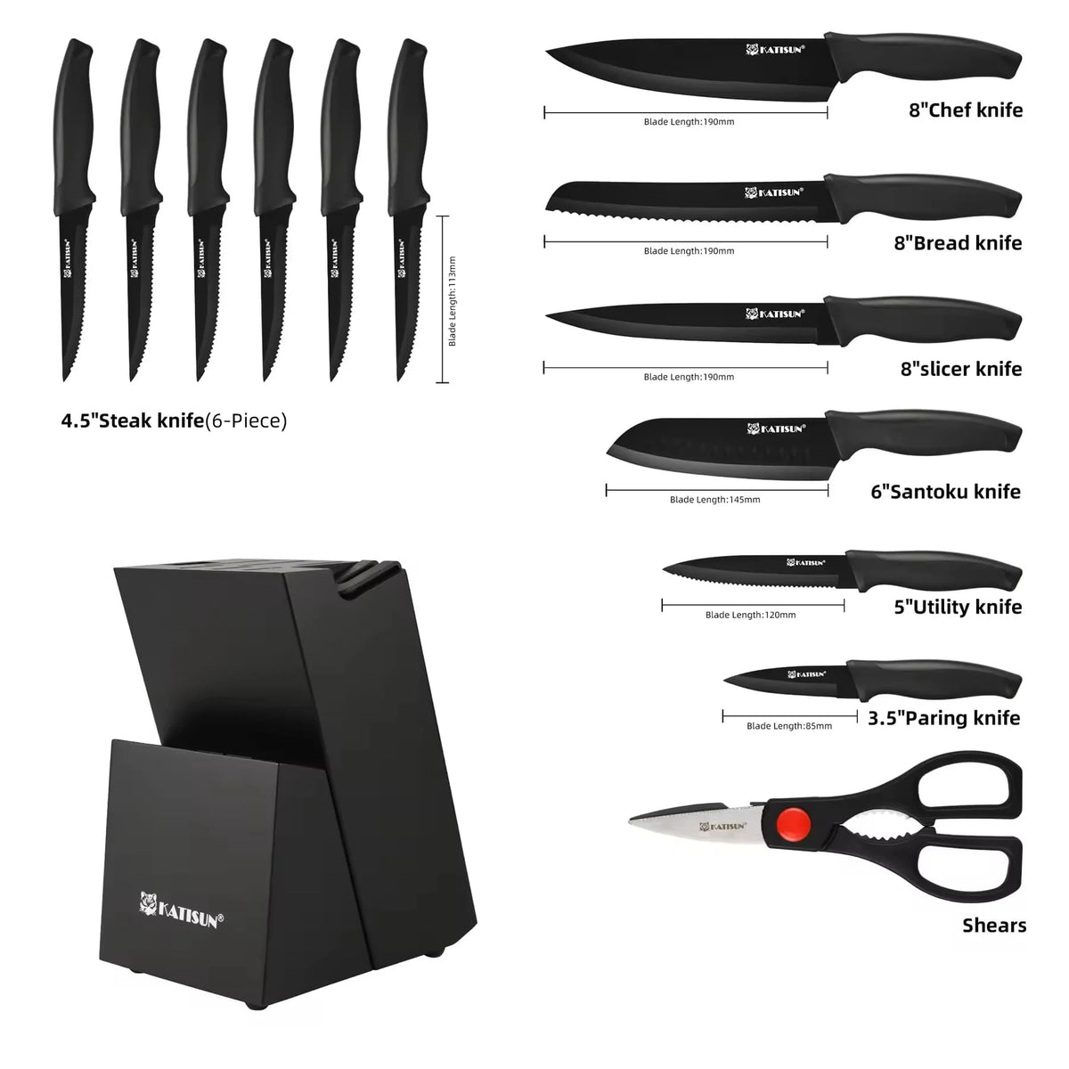 15-Piece Color-Coded Kitchen Knife Set with High-Carbon Chef Knives, Ergonomic Black Non-Slip TPR Soft Handles, and Built-In Knife Sharpener