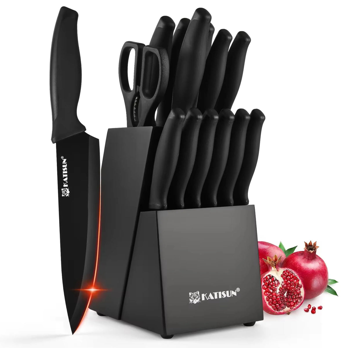 15-Piece Color-Coded Kitchen Knife Set with High-Carbon Chef Knives, Ergonomic Black Non-Slip TPR Soft Handles, and Built-In Knife Sharpener
