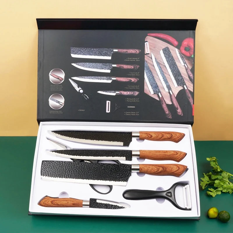 6 PCS Kitchen Knife Sets, Steel Kitchen Knives Set Tools Forged Kitchen Knife Scissors Ceramic Peeler Chef Slicer Knife Gift Case