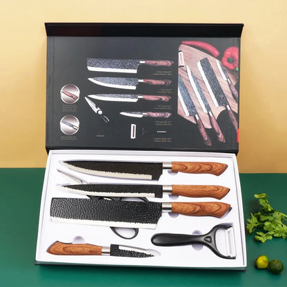 6 PCS Kitchen Knife Sets, Steel Kitchen Knives Set Tools Forged Kitchen Knife Scissors Ceramic Peeler Chef Slicer Knife Gift Case