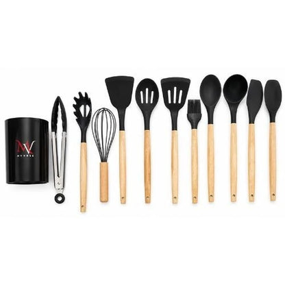 11-Piece Silicone Kitchen Utensil Set — Wooden Handles & Holder