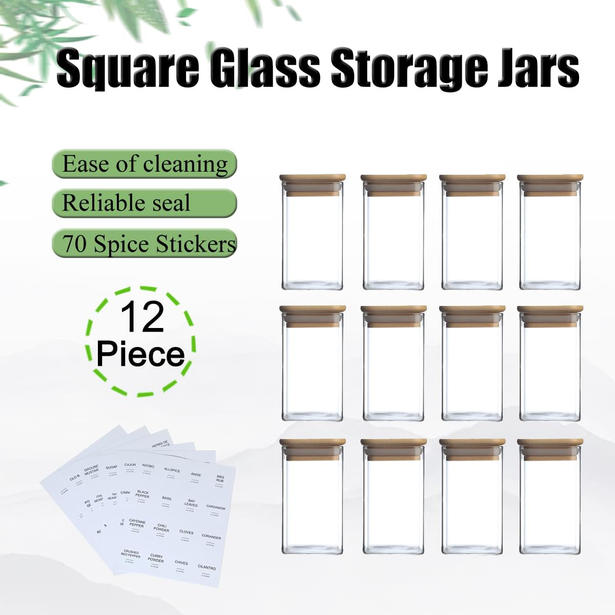 12Pcs Square Spice Jars with 72 Stickers, Kitchen Pepper Jars for Salt Seasoning
