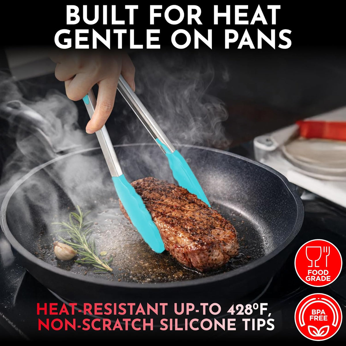 Kitchen Tongs - 12, 9 & 7 Inch Locking Silicone Tongs for Cooking, Set of 3
