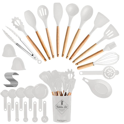 4 Colors Options -- Set of 35Pcs Kitchen Cooking Utensils Set Spatula Set Baking Utensil Set Kitchen Accessories Necessities with Holder Egg Whisk Separator Tong Turner Spoons Cups
