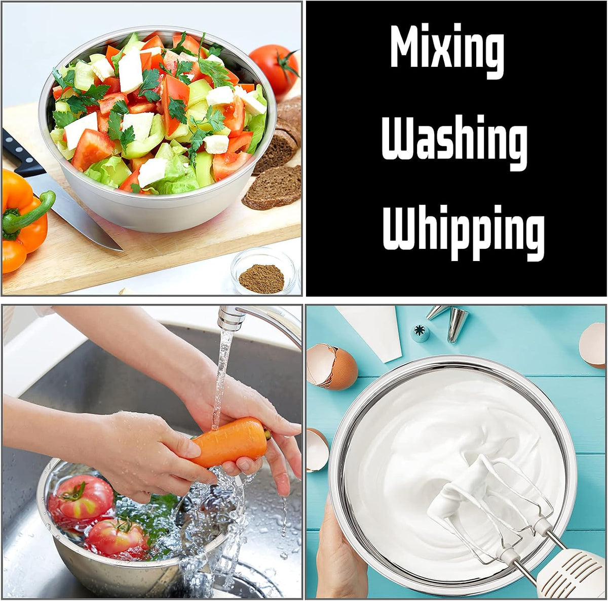 Stainless Steel Mixing Bowls with Lids, Set of 6, Black