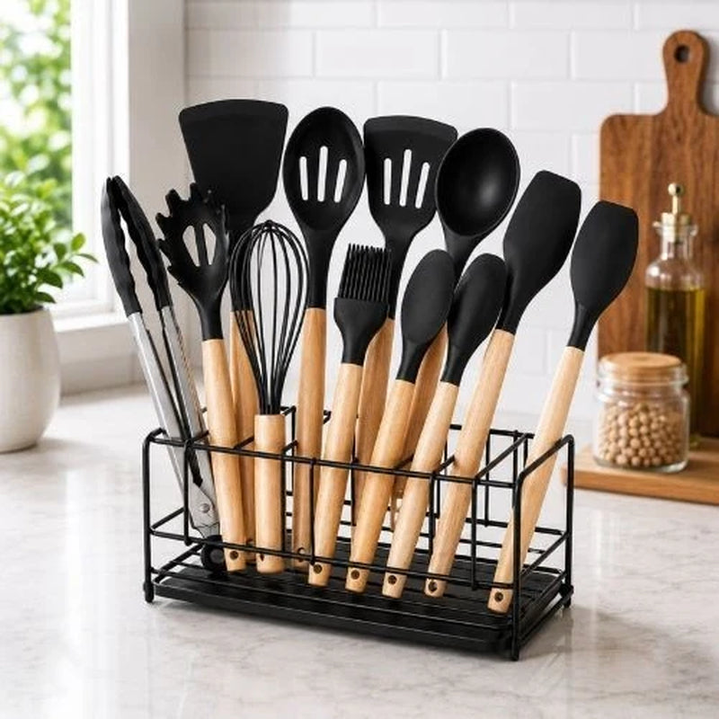 11-Piece Silicone Kitchen Utensil Set — Wooden Handles & Holder