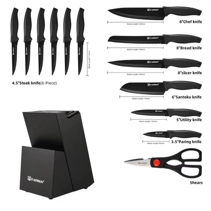 15-Piece Color-Coded Kitchen Knife Set with High-Carbon Chef Knives, Ergonomic Black Non-Slip TPR Soft Handles, and Built-In Knife Sharpener