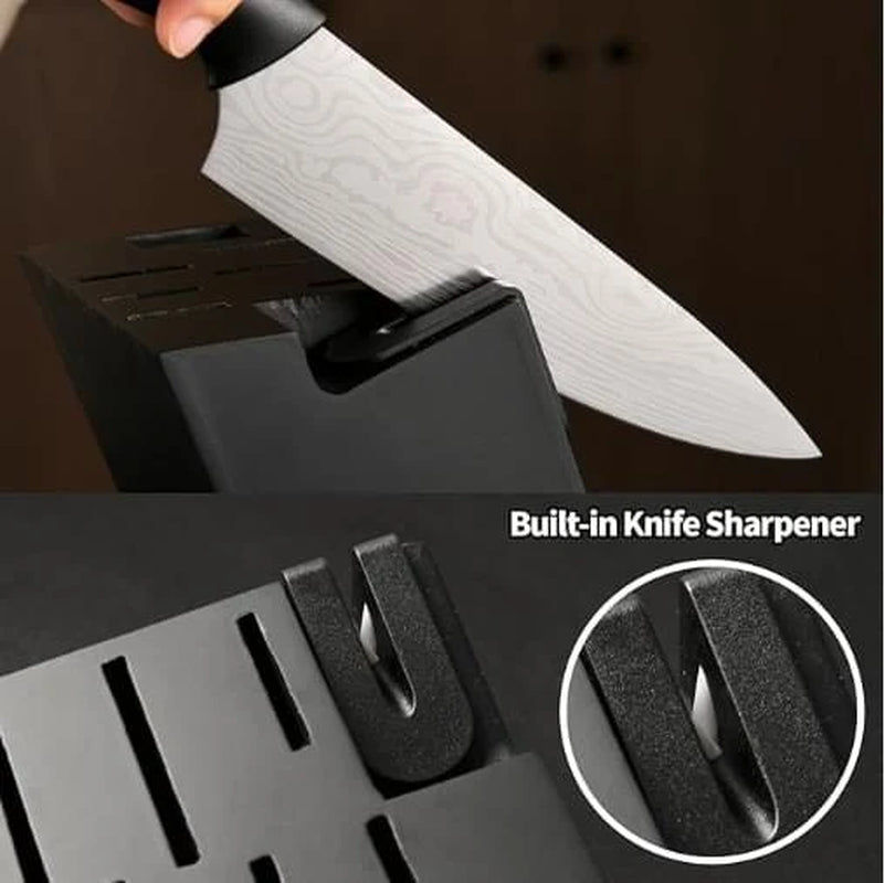Damascus Pattern 15-Piece Kitchen Knife Set with Block, High Carbon Steel Chef Knife, Includes Sharpener and Scissors, Ergonomic Black Anti-Slip Handle and Red Trim, Perfect for Professionals
