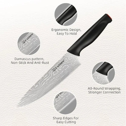 Damascus Pattern 15-Piece Kitchen Knife Set with Block, High Carbon Steel Chef Knife, Includes Sharpener and Scissors, Ergonomic Black Anti-Slip Handle and Red Trim, Perfect for Professionals