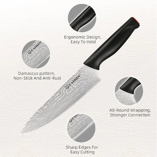 Damascus Pattern 15-Piece Kitchen Knife Set with Block, High Carbon Steel Chef Knife, Includes Sharpener and Scissors, Ergonomic Black Anti-Slip Handle and Red Trim, Perfect for Professionals