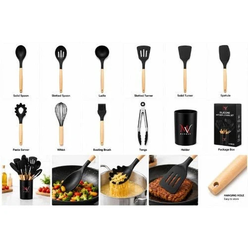 11-Piece Silicone Kitchen Utensil Set — Wooden Handles & Holder