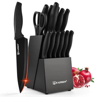 15-Piece Color-Coded Kitchen Knife Set with High-Carbon Chef Knives, Ergonomic Black Non-Slip TPR Soft Handles, and Built-In Knife Sharpener