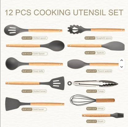 Non-Stick Silicon 12 Pcs Heat Resistant Wooden Handle Kitchen Cooking Utensils Set, Gray Color