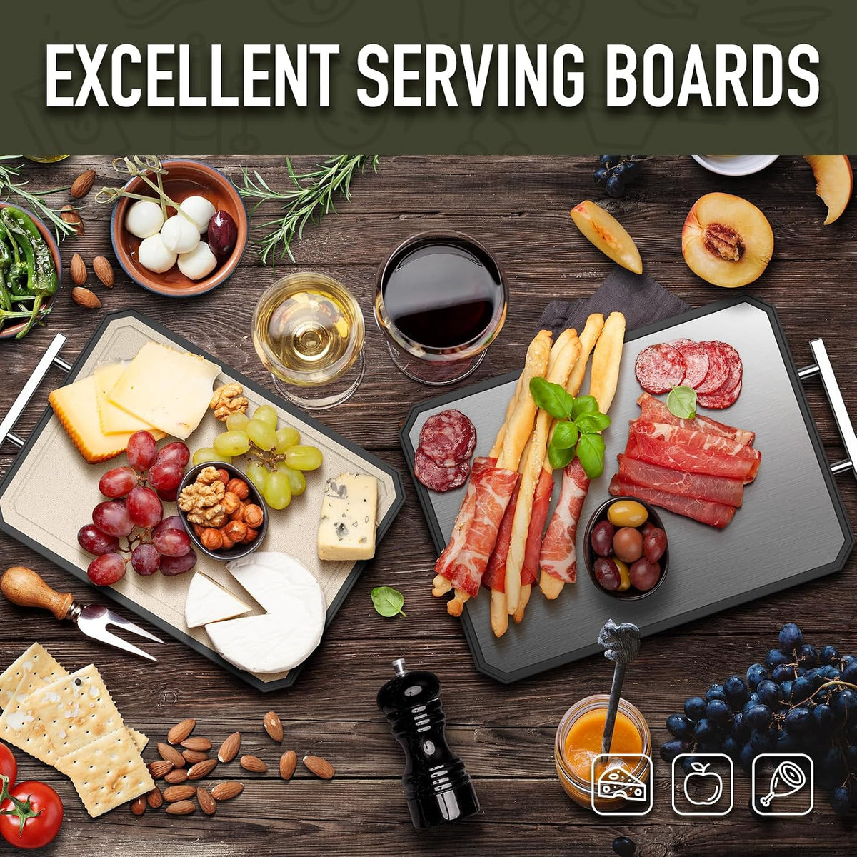 Stainless Steel Cutting Board Set of 2 for Kitchen | Non-Toxic Metal Cutting Board,Double Sided Stainless Steel/Wheat Straw Pp Large for Meat,Dishwasher Safe [16*11+12*8.3 Inch]