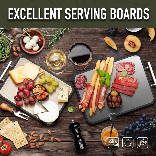 Stainless Steel Cutting Board Set of 2 for Kitchen | Non-Toxic Metal Cutting Board,Double Sided Stainless Steel/Wheat Straw Pp Large for Meat,Dishwasher Safe [16*11+12*8.3 Inch]