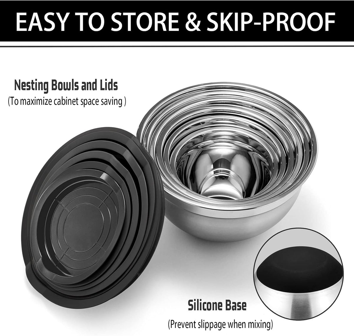Stainless Steel Mixing Bowls with Lids, Set of 6, Black