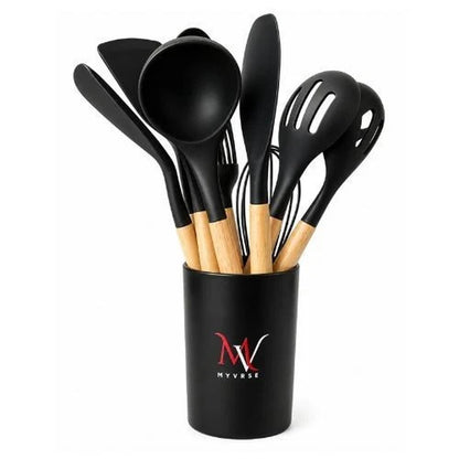 11-Piece Silicone Kitchen Utensil Set — Wooden Handles & Holder