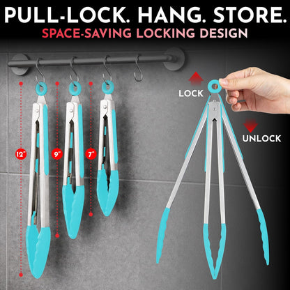 Kitchen Tongs - 12, 9 & 7 Inch Locking Silicone Tongs for Cooking, Set of 3