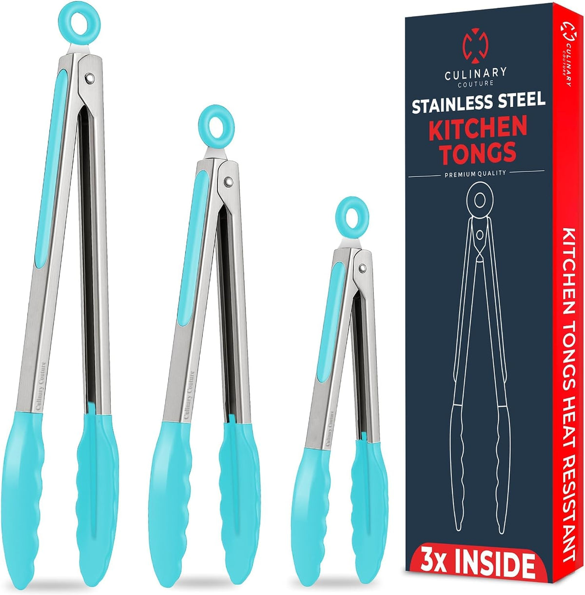 Kitchen Tongs - 12, 9 & 7 Inch Locking Silicone Tongs for Cooking, Set of 3