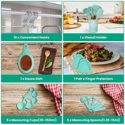 4 Colors Options -- Set of 35Pcs Kitchen Cooking Utensils Set Spatula Set Baking Utensil Set Kitchen Accessories Necessities with Holder Egg Whisk Separator Tong Turner Spoons Cups