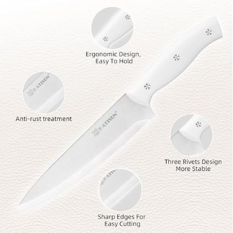 15-Piece White Kitchen Knife Set with Built-In Sharpening Stone, Ergonomic Triple Rivet Fixed Handles, Dishwasher Safe