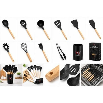 11-Piece Silicone Kitchen Utensil Set — Wooden Handles & Holder
