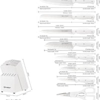 15-Piece White Kitchen Knife Set with Built-In Sharpening Stone, Ergonomic Triple Rivet Fixed Handles, Dishwasher Safe