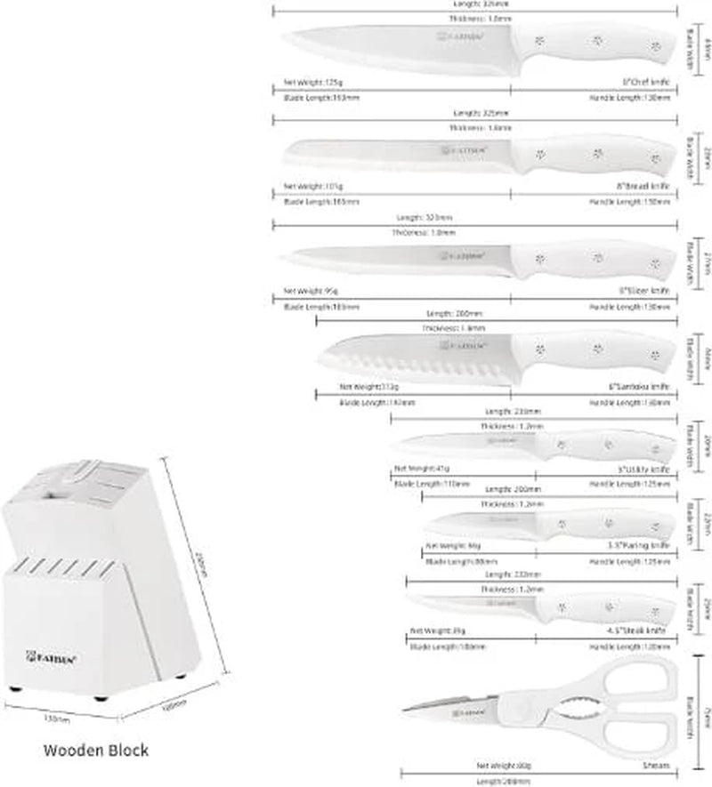 15-Piece White Kitchen Knife Set with Built-In Sharpening Stone, Ergonomic Triple Rivet Fixed Handles, Dishwasher Safe