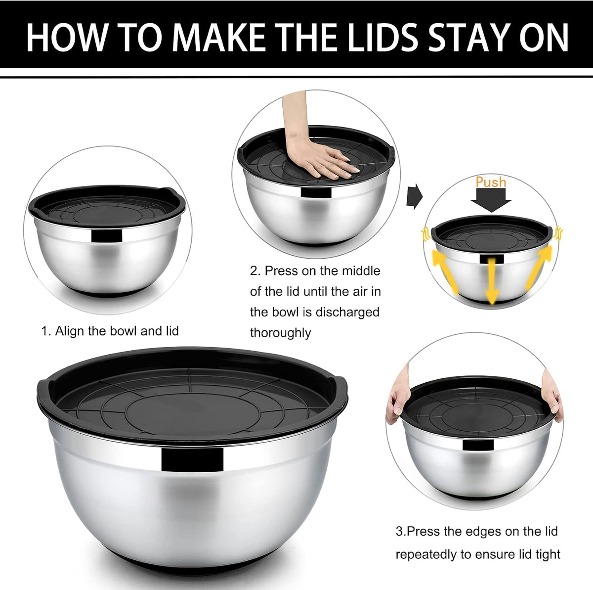Stainless Steel Mixing Bowls with Lids, Set of 6, Black