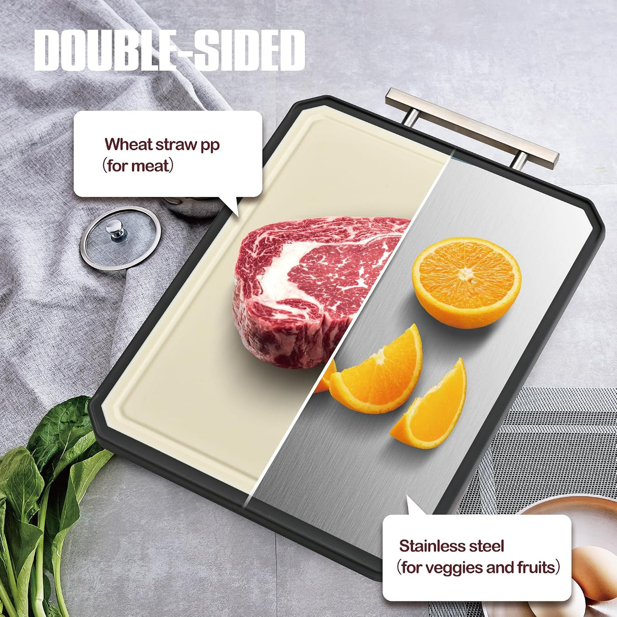 Stainless Steel Cutting Board Set of 2 for Kitchen | Non-Toxic Metal Cutting Board,Double Sided Stainless Steel/Wheat Straw Pp Large for Meat,Dishwasher Safe [16*11+12*8.3 Inch]