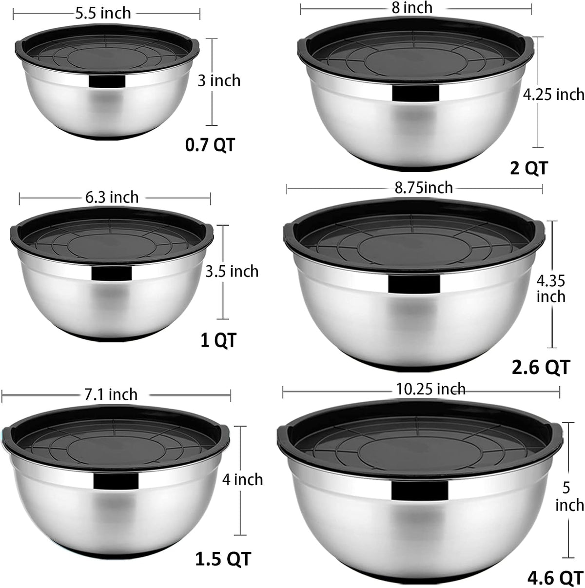 Stainless Steel Mixing Bowls with Lids, Set of 6, Black
