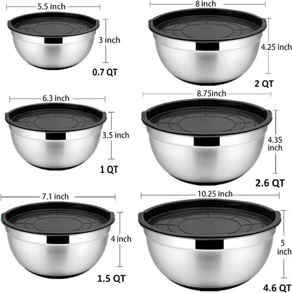 Stainless Steel Mixing Bowls with Lids, Set of 6, Black