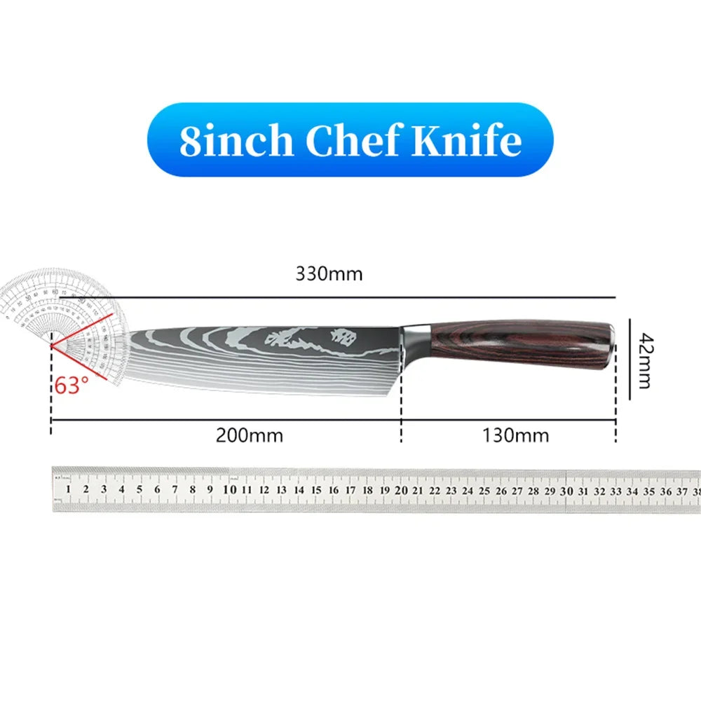 9 Types of Stainless Steel Kitchen Knife, Japanese Chef Knife, Meat Cleaver, Santoku, Bread, Boning, Slicing, Fruit Knife with Gift Box