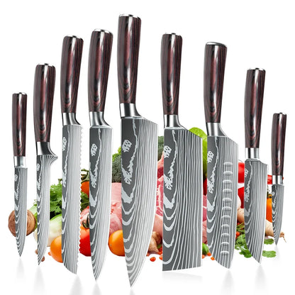 9 Types of Stainless Steel Kitchen Knife, Japanese Chef Knife, Meat Cleaver, Santoku, Bread, Boning, Slicing, Fruit Knife with Gift Box