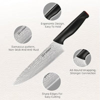 Damascus Pattern 15-Piece Kitchen Knife Set with Block, High Carbon Steel Chef Knife, Includes Sharpener and Scissors, Ergonomic Black Anti-Slip Handle and Red Trim, Perfect for Professionals