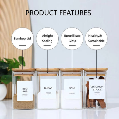 12Pcs Square Spice Jars with 72 Stickers, Kitchen Pepper Jars for Salt Seasoning