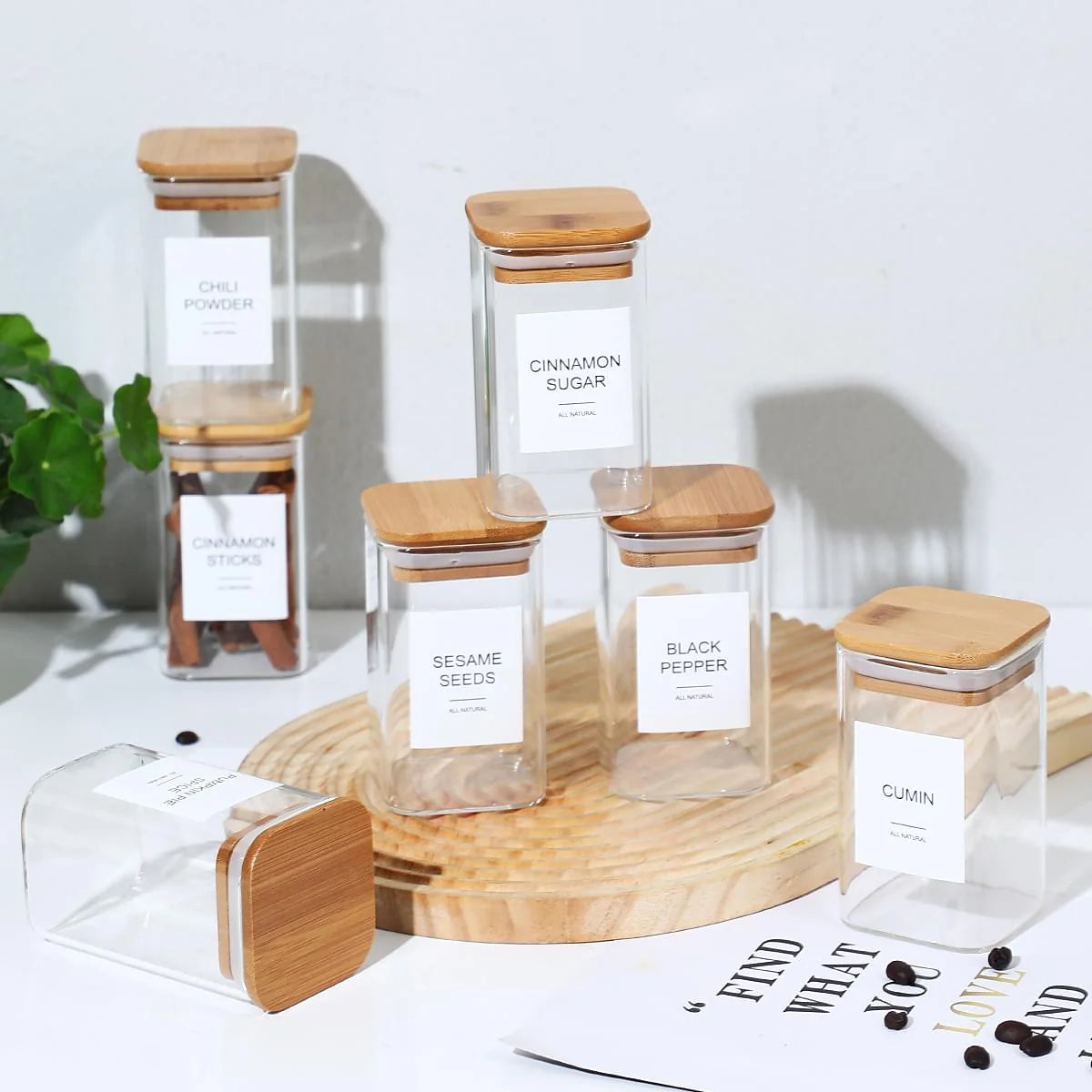 12Pcs Square Spice Jars with 72 Stickers, Kitchen Pepper Jars for Salt Seasoning