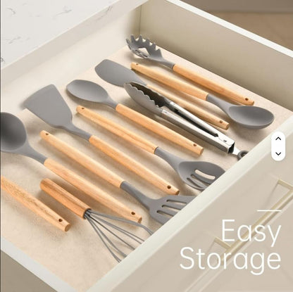Non-Stick Silicon 12 Pcs Heat Resistant Wooden Handle Kitchen Cooking Utensils Set, Gray Color
