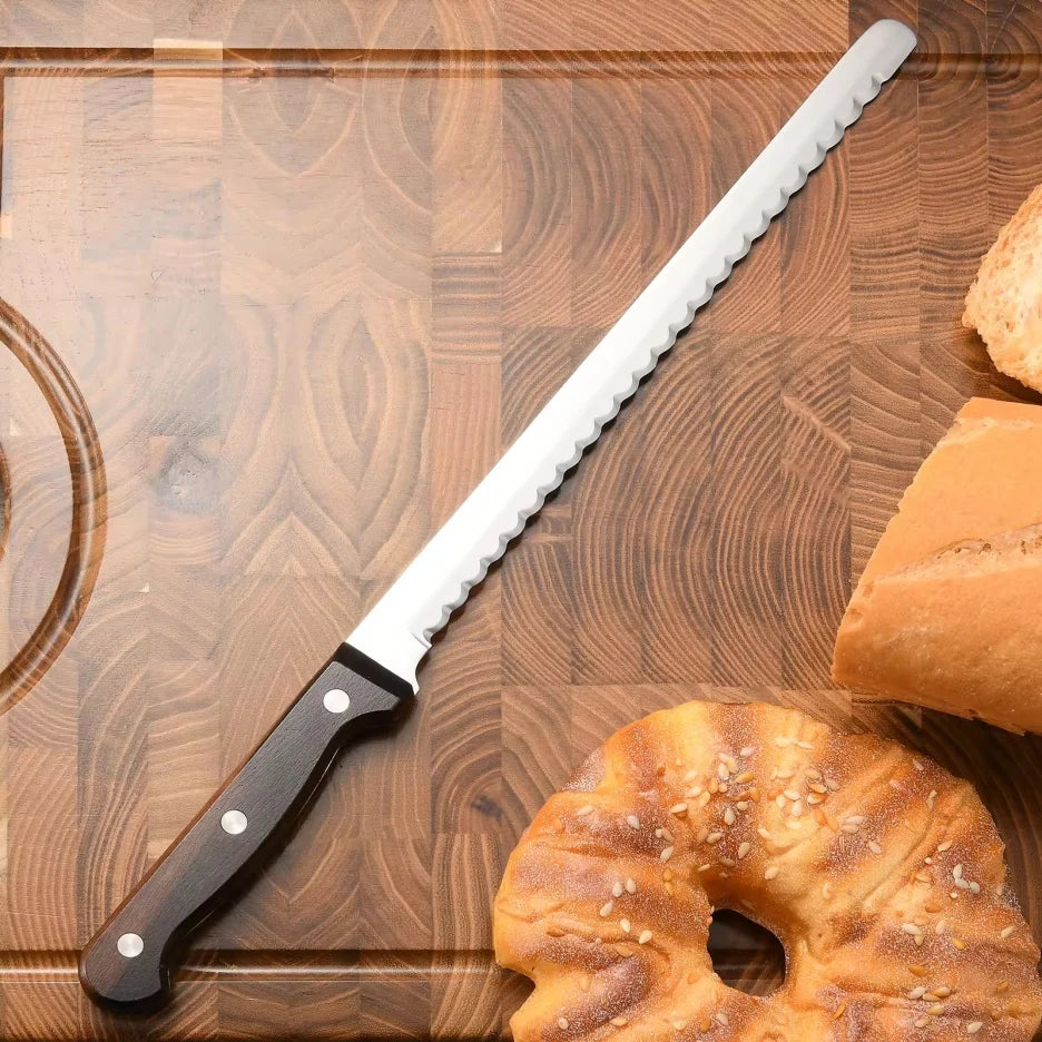 10-Inch Luxury Mirror Polished Carbon Steel Kitchen Bread Knife with Wooden Handle