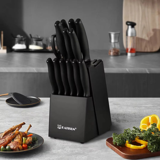 15-Piece Color-Coded Kitchen Knife Set with High-Carbon Chef Knives, Ergonomic Black Non-Slip TPR Soft Handles, and Built-In Knife Sharpener