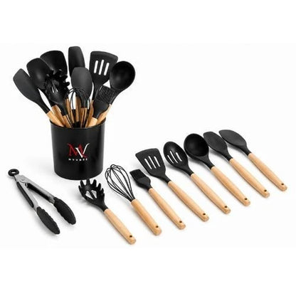 11-Piece Silicone Kitchen Utensil Set — Wooden Handles & Holder