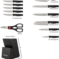 Damascus Pattern 15-Piece Kitchen Knife Set with Block, High Carbon Steel Chef Knife, Includes Sharpener and Scissors, Ergonomic Black Anti-Slip Handle and Red Trim, Perfect for Professionals