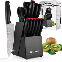 Damascus Pattern 15-Piece Kitchen Knife Set with Block, High Carbon Steel Chef Knife, Includes Sharpener and Scissors, Ergonomic Black Anti-Slip Handle and Red Trim, Perfect for Professionals