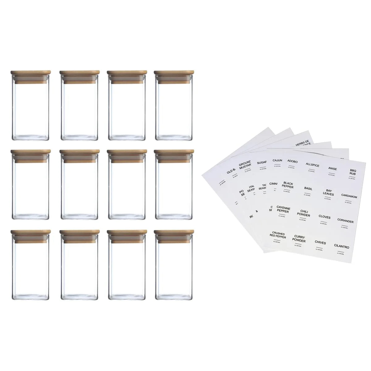 12Pcs Square Spice Jars with 72 Stickers, Kitchen Pepper Jars for Salt Seasoning