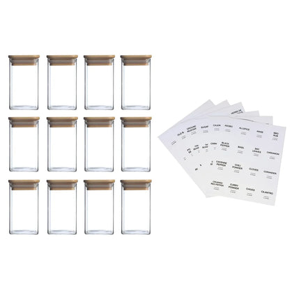 12Pcs Square Spice Jars with 72 Stickers, Kitchen Pepper Jars for Salt Seasoning