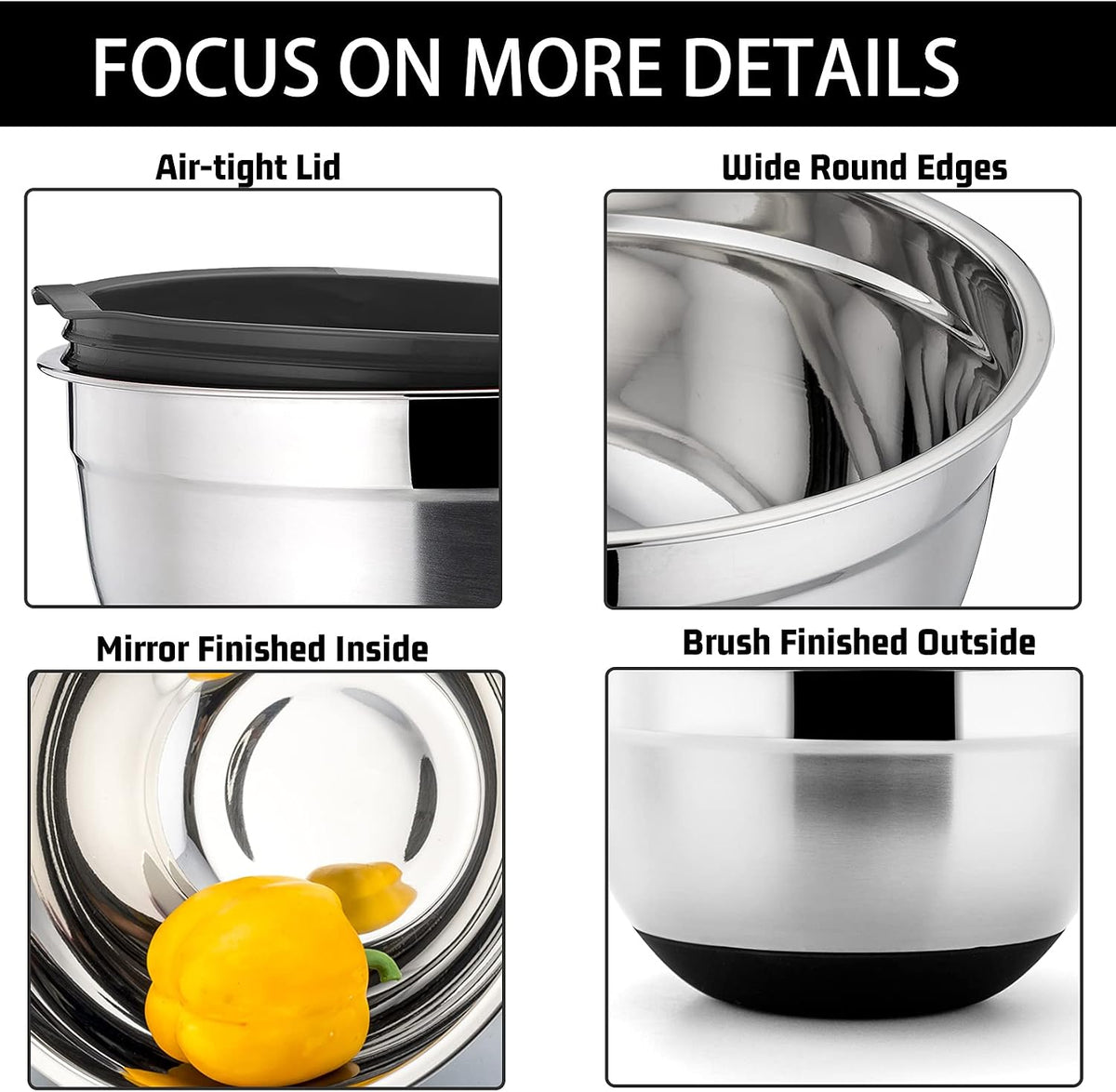 Stainless Steel Mixing Bowls with Lids, Set of 6, Black